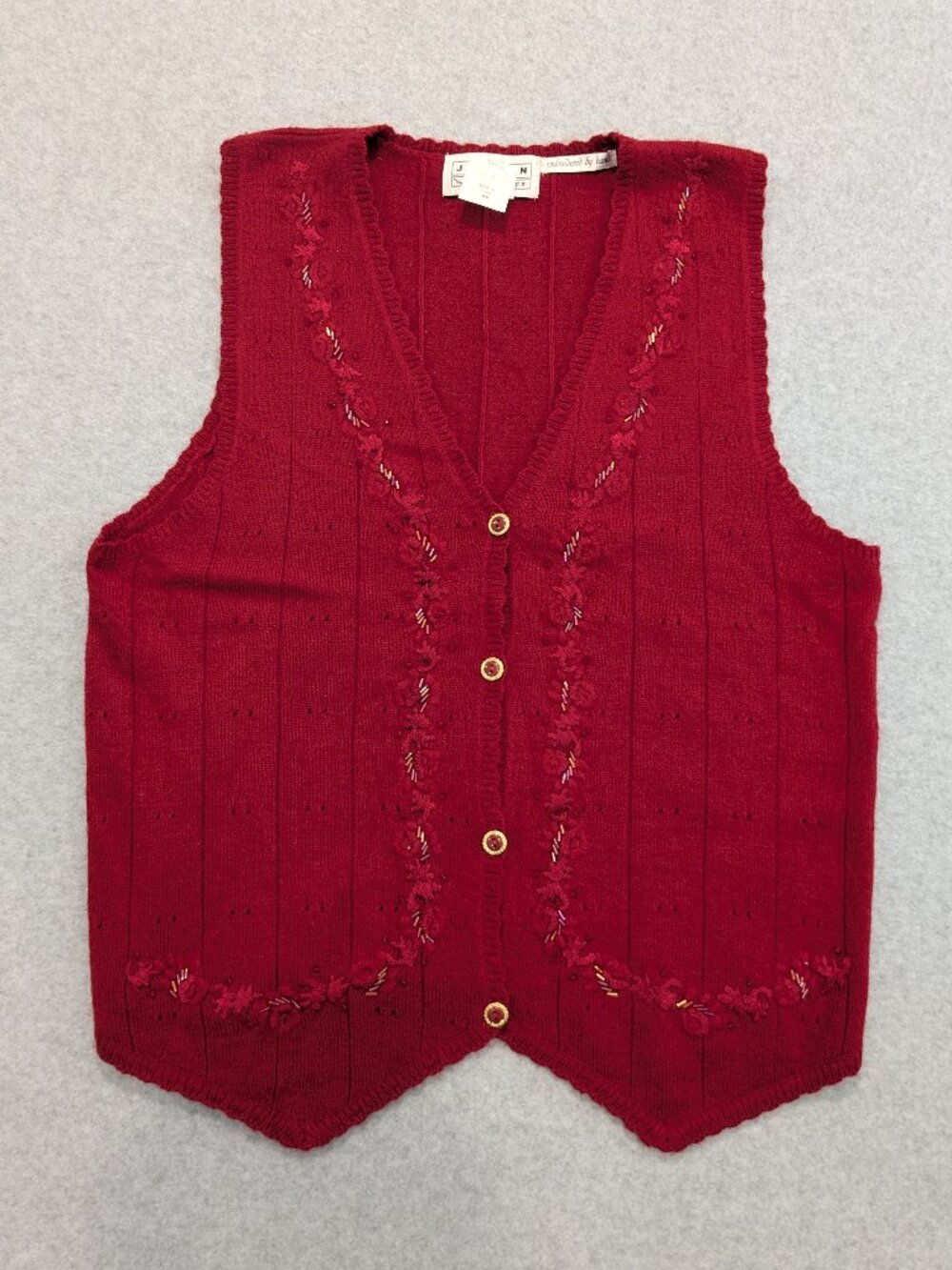 Vintage Jantzen Red Knit Sweater Vest M Hand Embroidered Floral Beaded Holiday